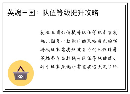 英魂三国：队伍等级提升攻略